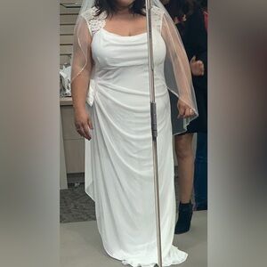 David's Bridal White Gown with Sheer Overlay